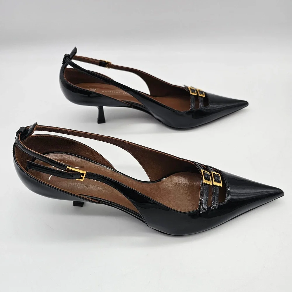 Giuseppe Zanotti Raquel 50 Slim Womens 37 US 7 Black Patent Leather Buckle Heels